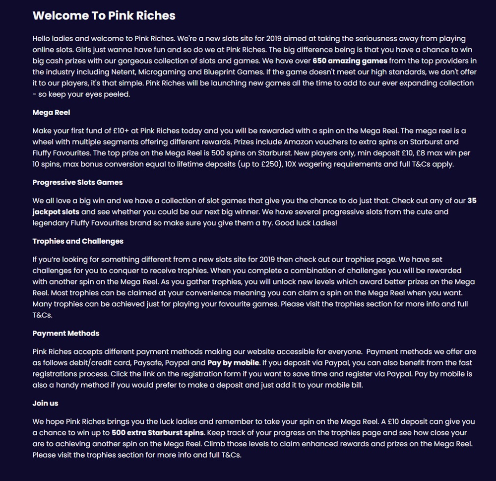 pink riches homepage showing the 20 free spins banner and featured games