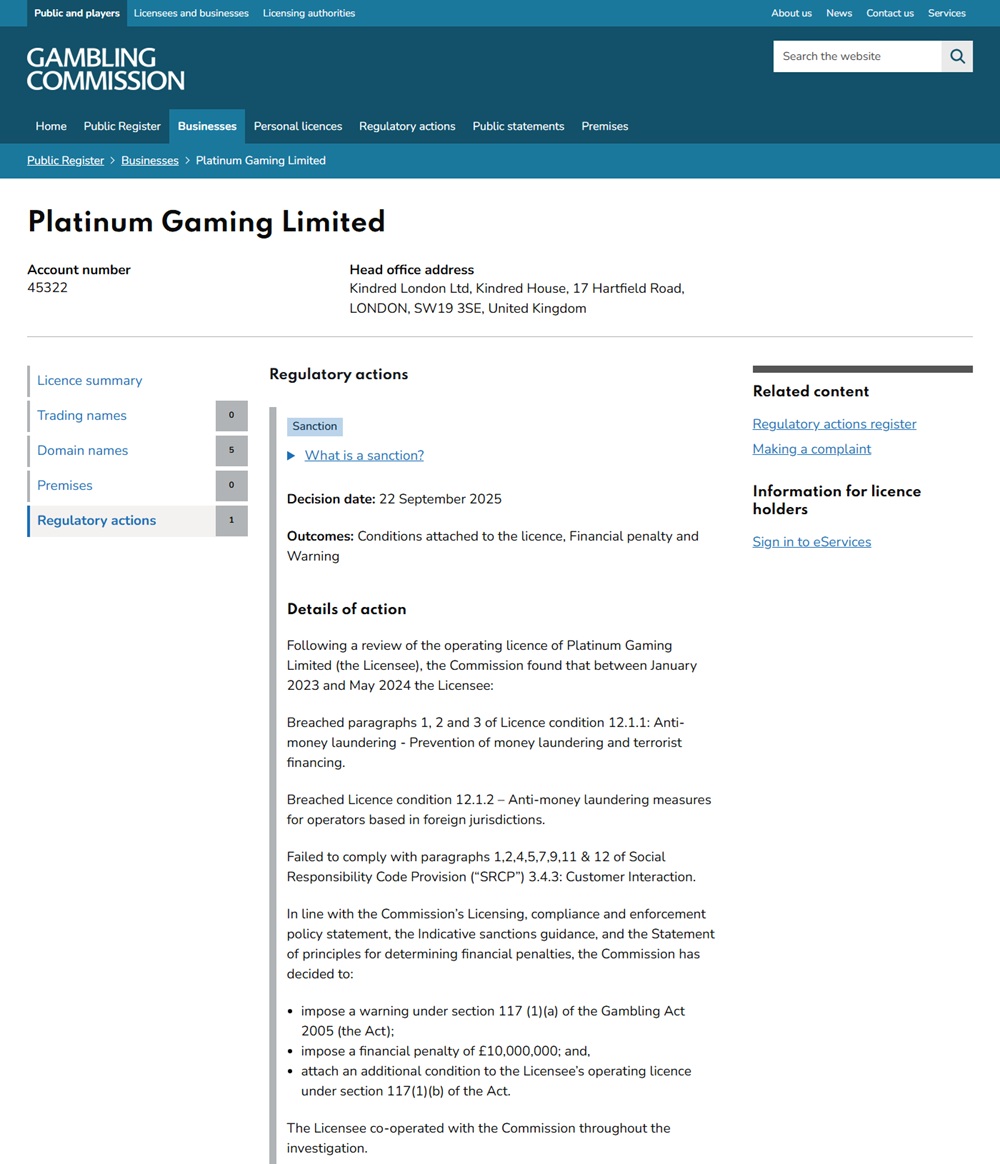 The UKGC's £10 million sanction record for Platinum Gaming Limited