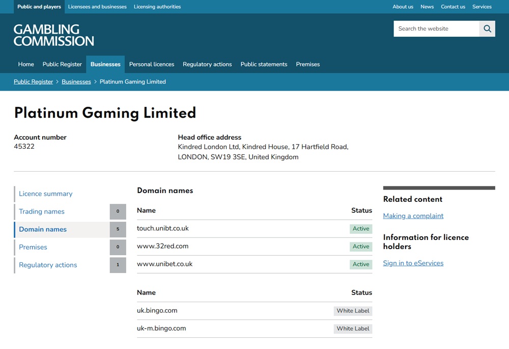 Platinum Gaming Limited's UKGC domain list