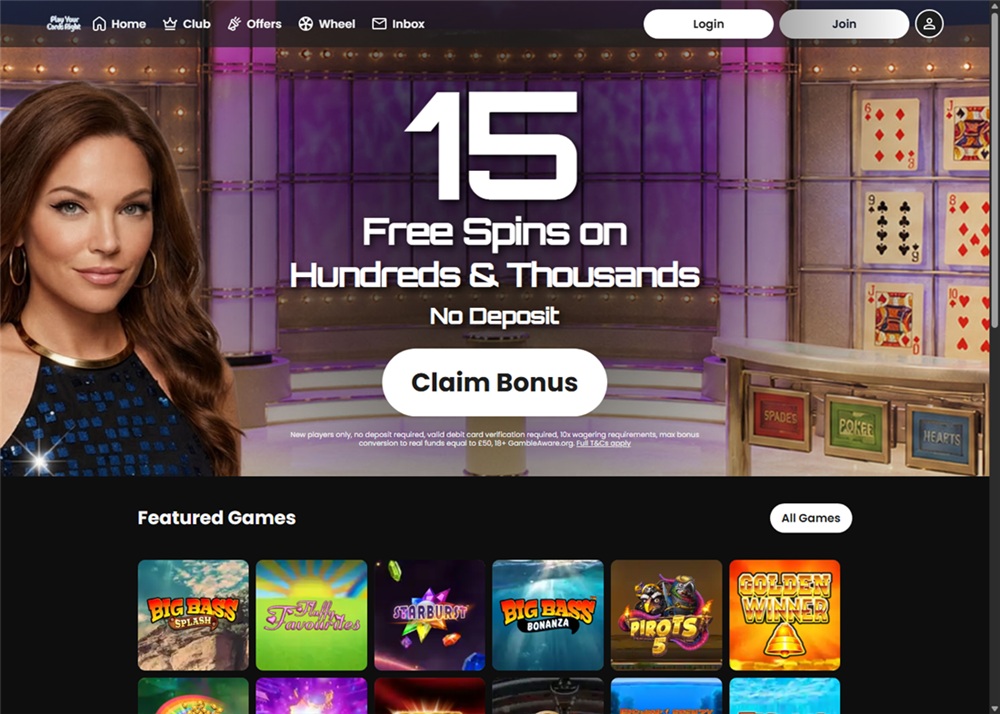 play your cards right games homepage showing the same 15 free spins no deposit offer as the x factor games
