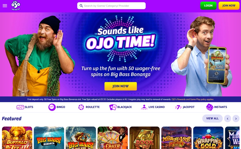 playojo homepage showing featured games and purple branding