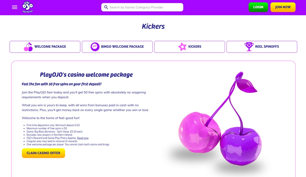 playojo kickers page showing the casino welcome package terms