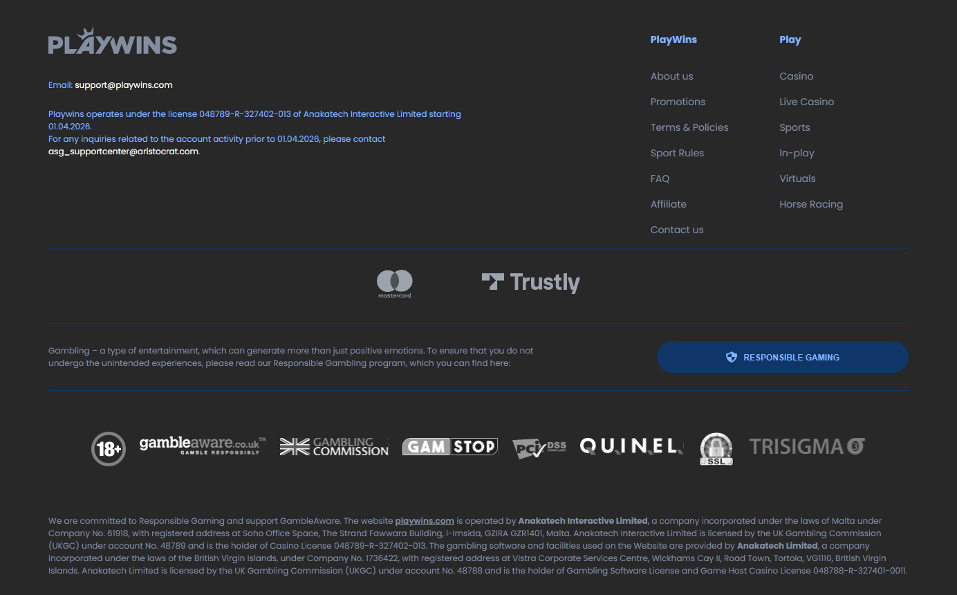 playwins footer showing the anakatech licence from 1 april 2026