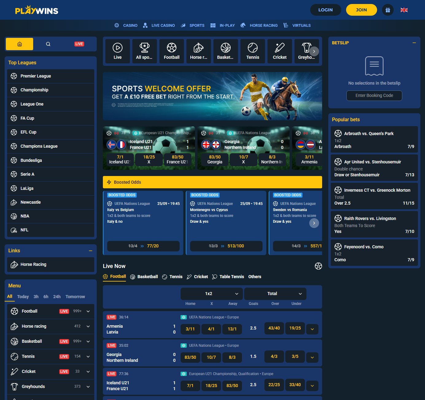 playwins sports homepage in navy and yellow