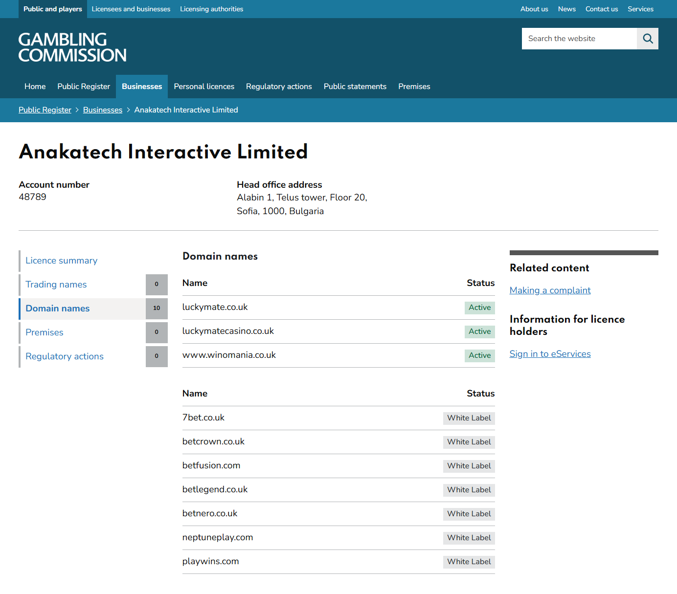 anakatech interactive ukgc register entry listing playwins and its sister sites