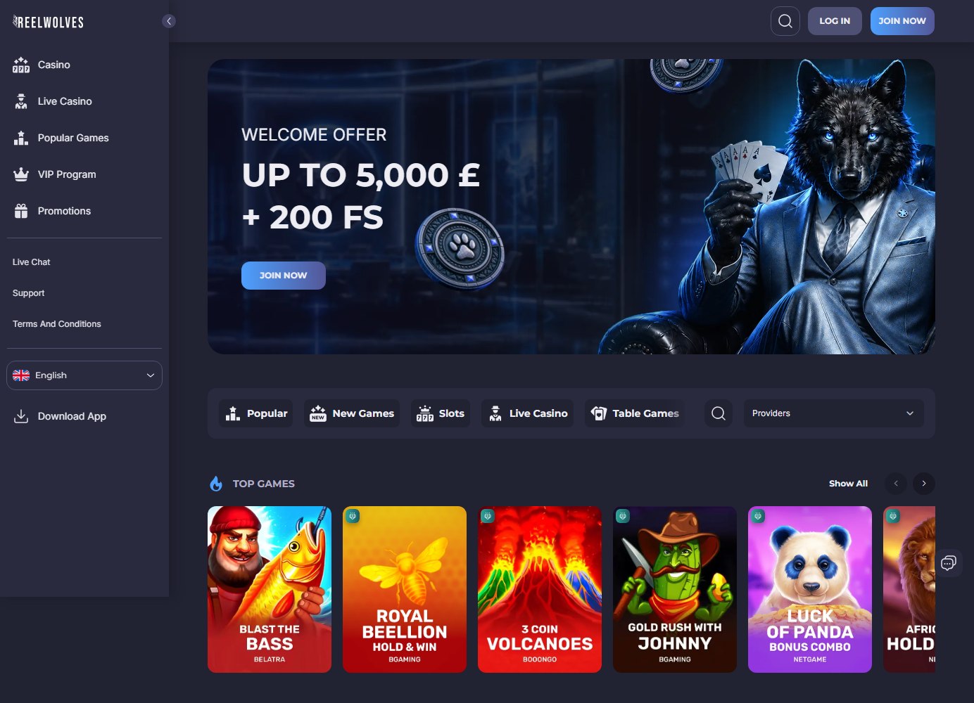 reelwolves casino homepage with the wolf in a suit welcome banner