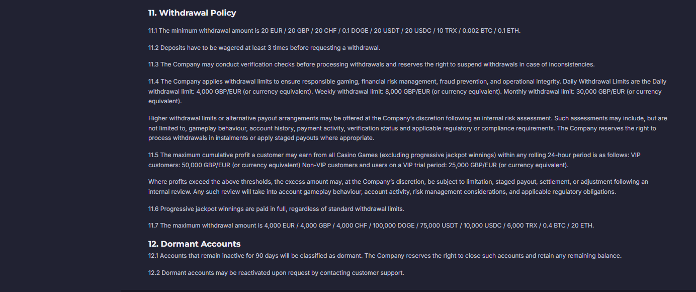 reelwolves casino terms on withdrawal limits and dormant accounts