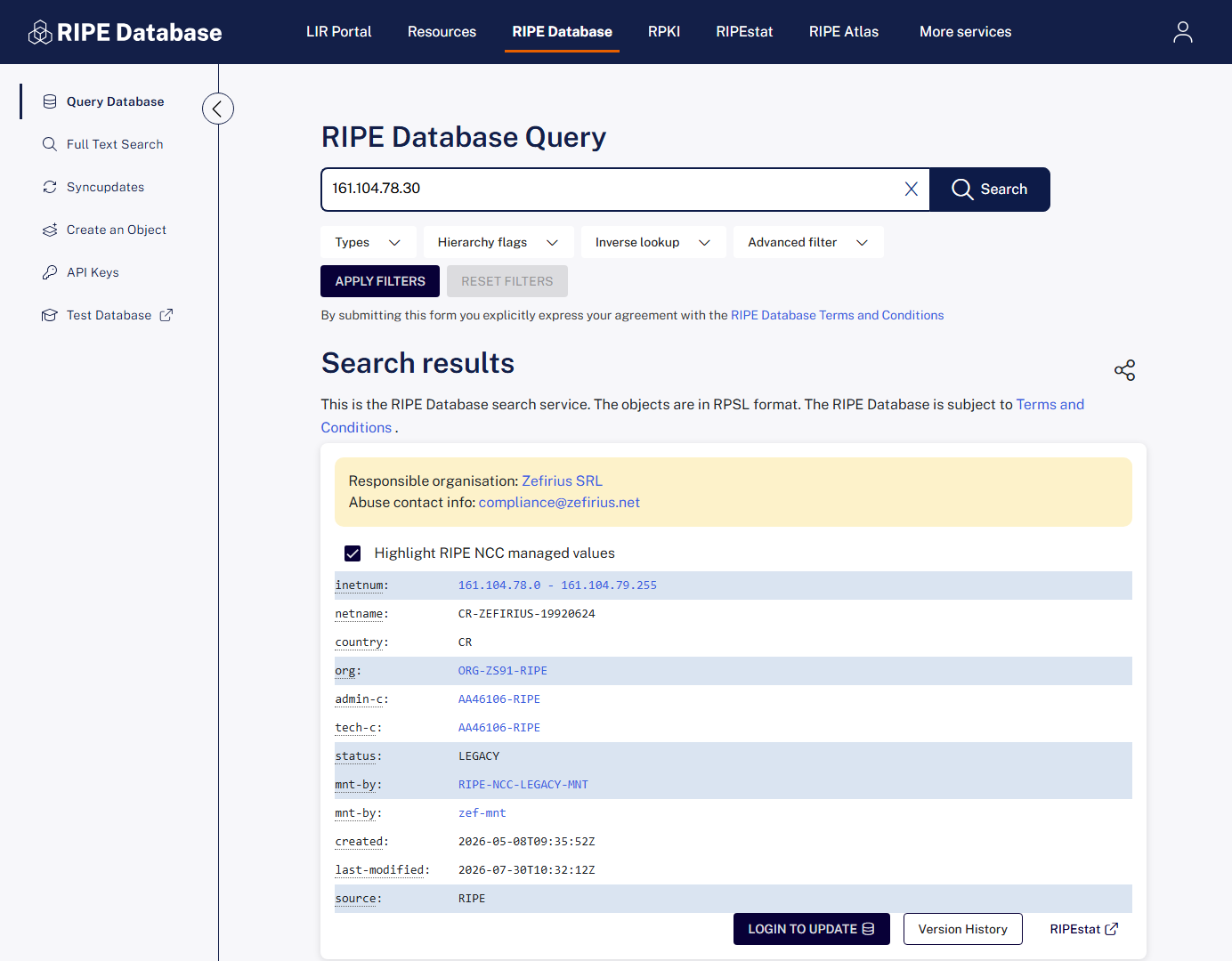 ripe database record showing zefirius srl as the organisation behind the reelwolves casino address
