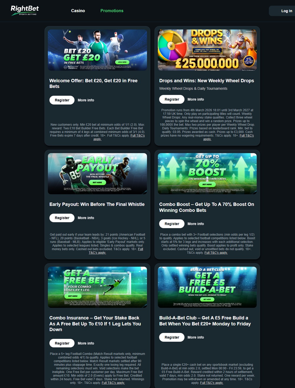 rightbet promotions page with the bet 20 get 20 welcome offer
