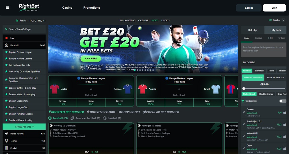 rightbet homepage with the bet 20 get 20 banner and boosted bet builders