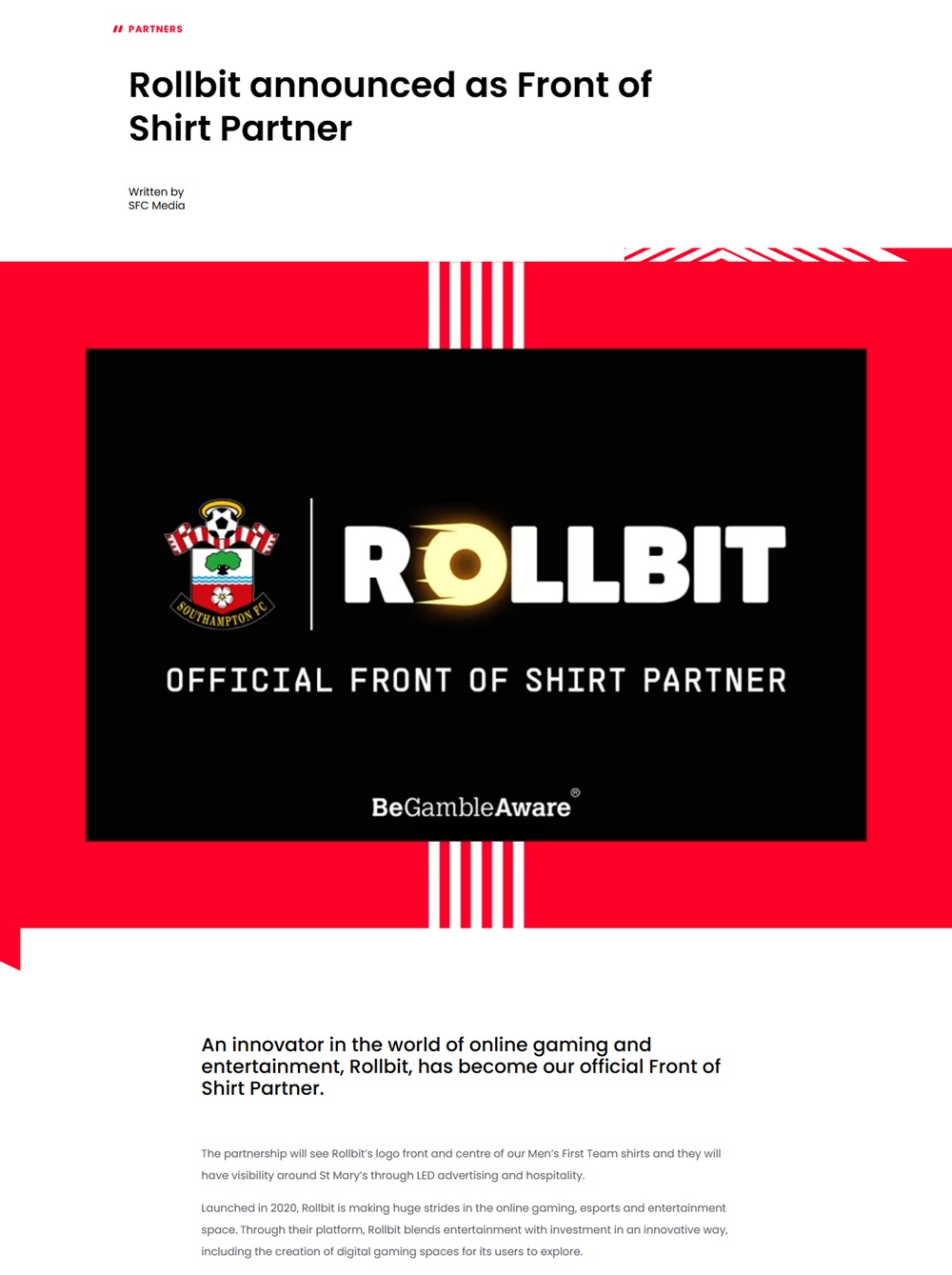 southampton fc announcement of rollbit as shirt partner