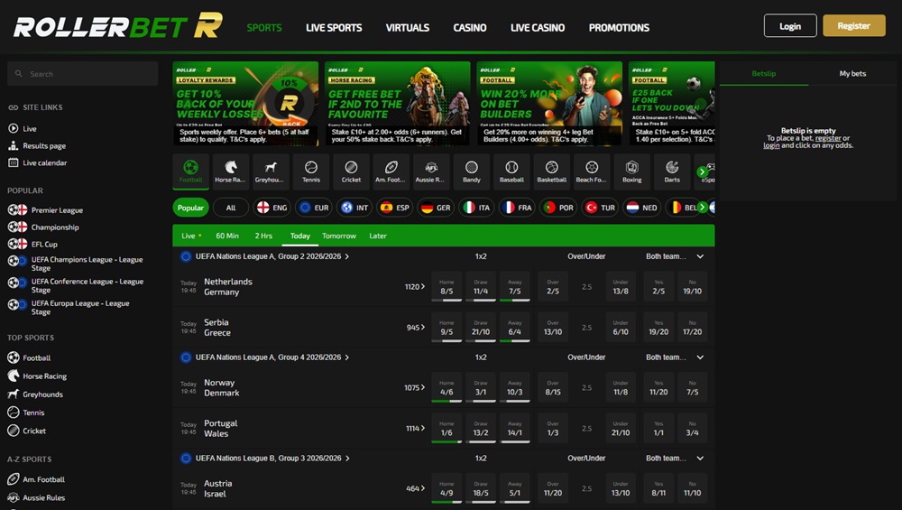 rollerbet homepage showing football odds and offer banners