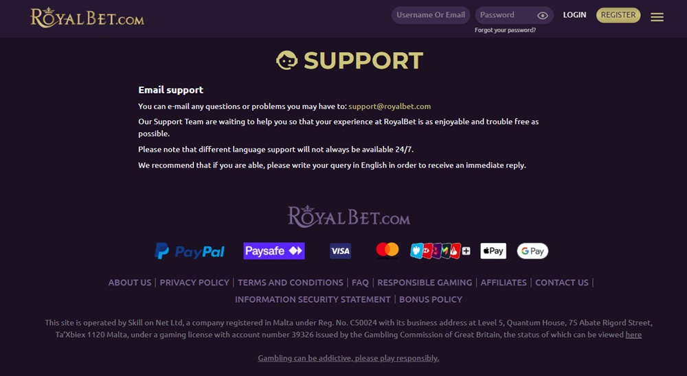 royal bet support page offering email contact only