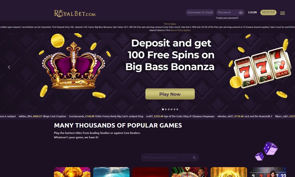 royal bet homepage with winners feed and featured games