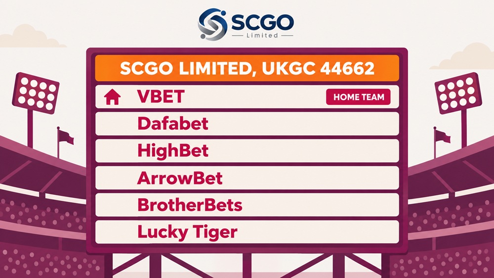diagram of the SCGO Limited network as a stadium fixture board listing its six betting brands