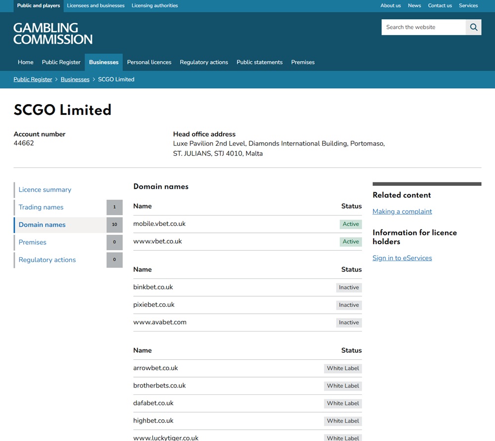 scgo limited register entry listing www.luckytiger.co.uk as a white label domain