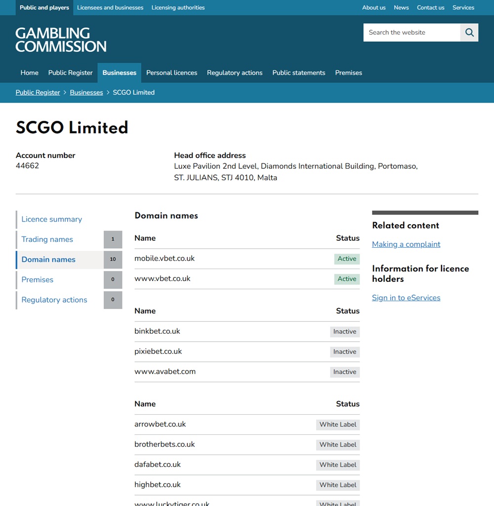 SCGO Limited's UKGC domain list showing VBET and its five white labels