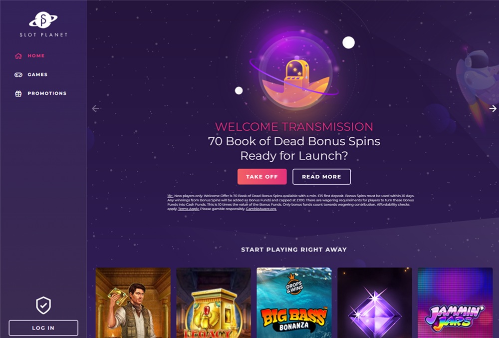 slot planet homepage showing the welcome transmission banner and 70 book of dead spins offer