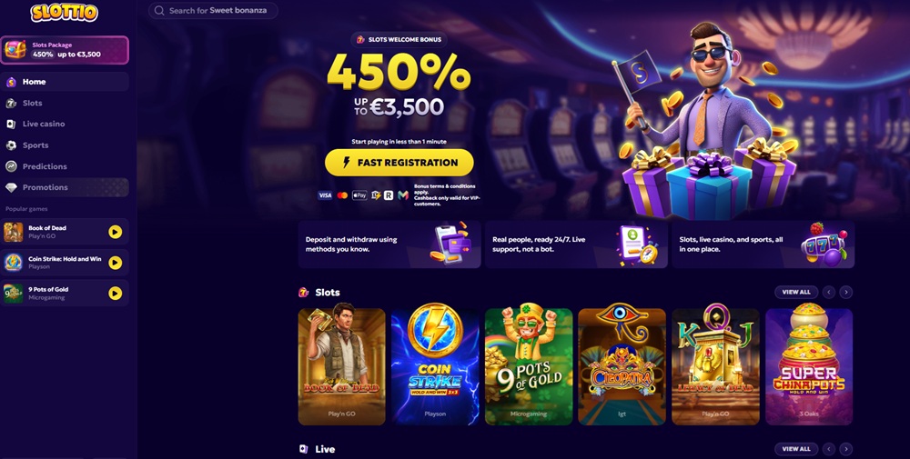 slottio75.com homepage showing the 450 percent welcome package banner