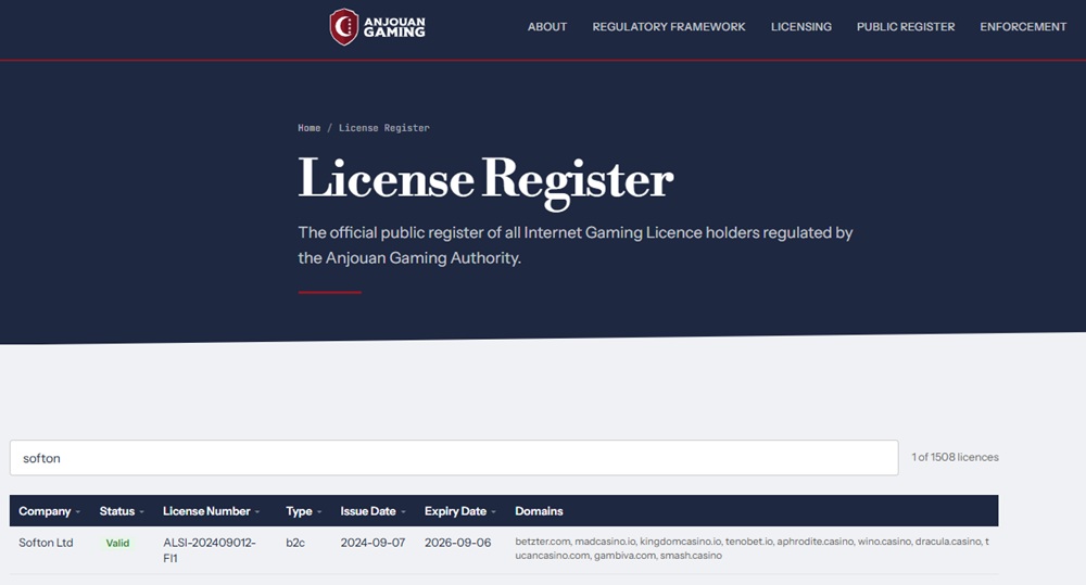 the Anjouan registers Softon entry