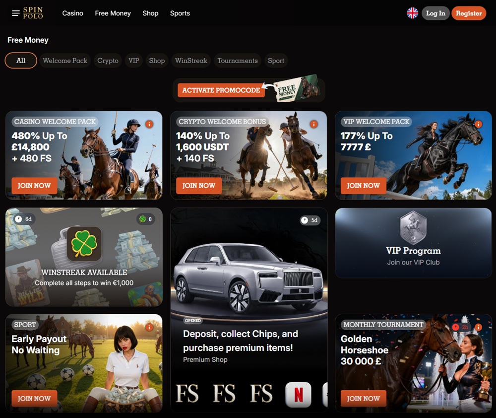 spin polo promotions page showing polo artwork on every offer banner