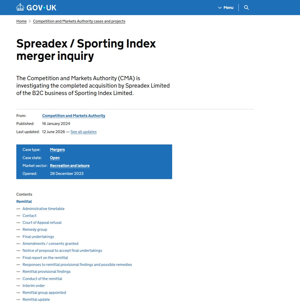 cma case page for the spreadex sporting index merger inquiry