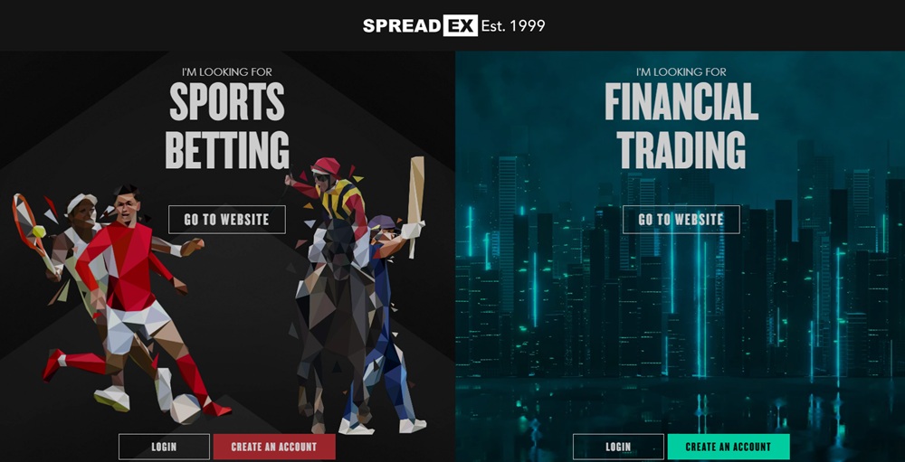 spreadex front page split between sports betting and financial trading