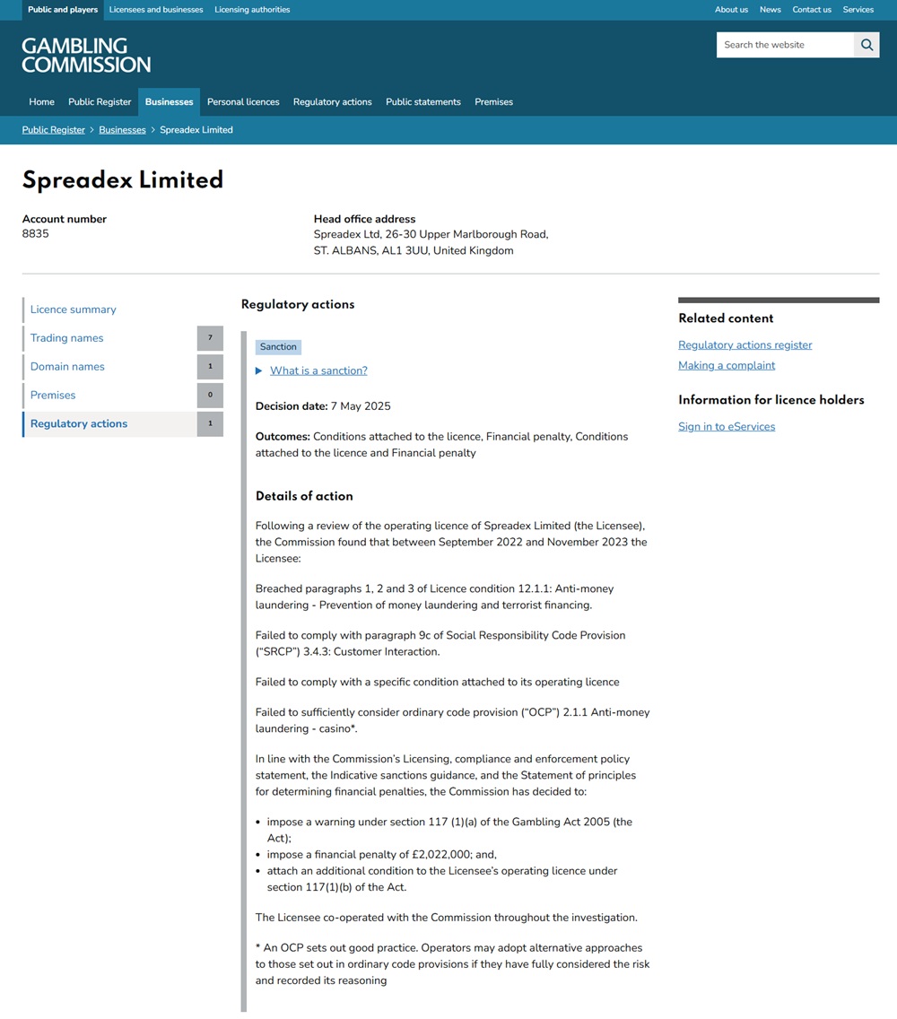 gambling commission regulatory action for spreadex limited account 8835