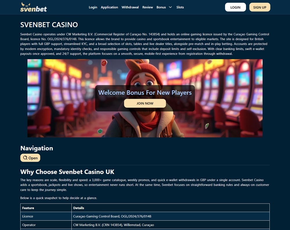 Lookalike site svenbet.uk.net claiming SvenBet is a CW Marketing casino with full GBP support