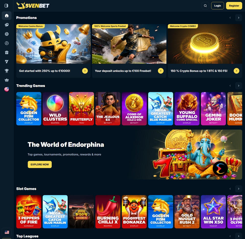 SvenBet homepage with viking mascot, euro-priced offers and the family's standard trending games row