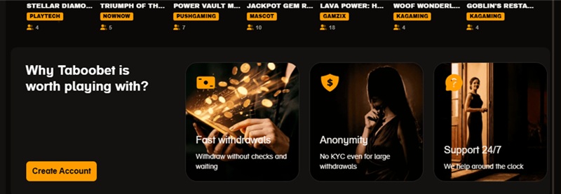 taboobet homepage block advertising no kyc even for large withdrawals