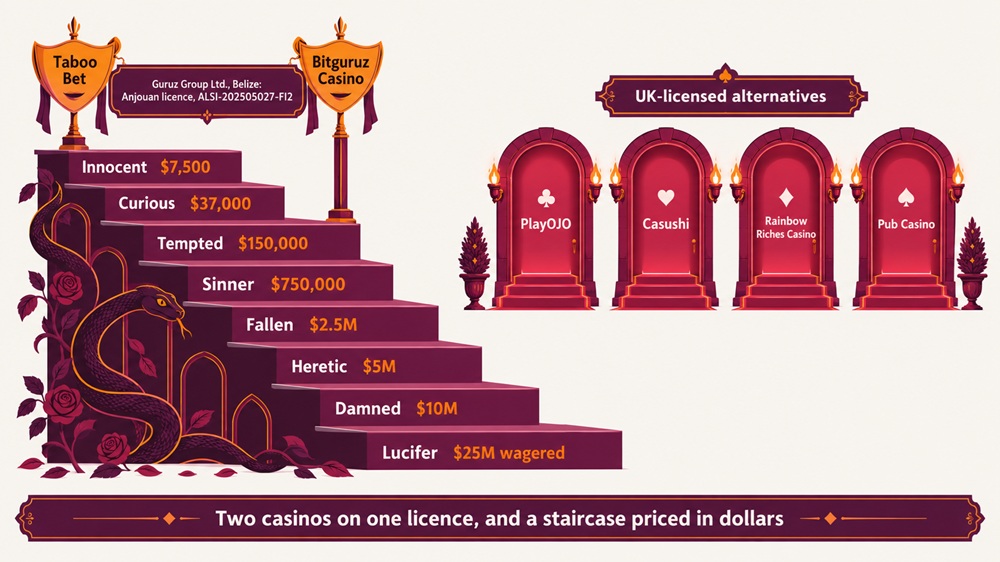 staircase diagram of taboo bet's eight sin tiers with bitguruz as its one sister and four uk alternatives
