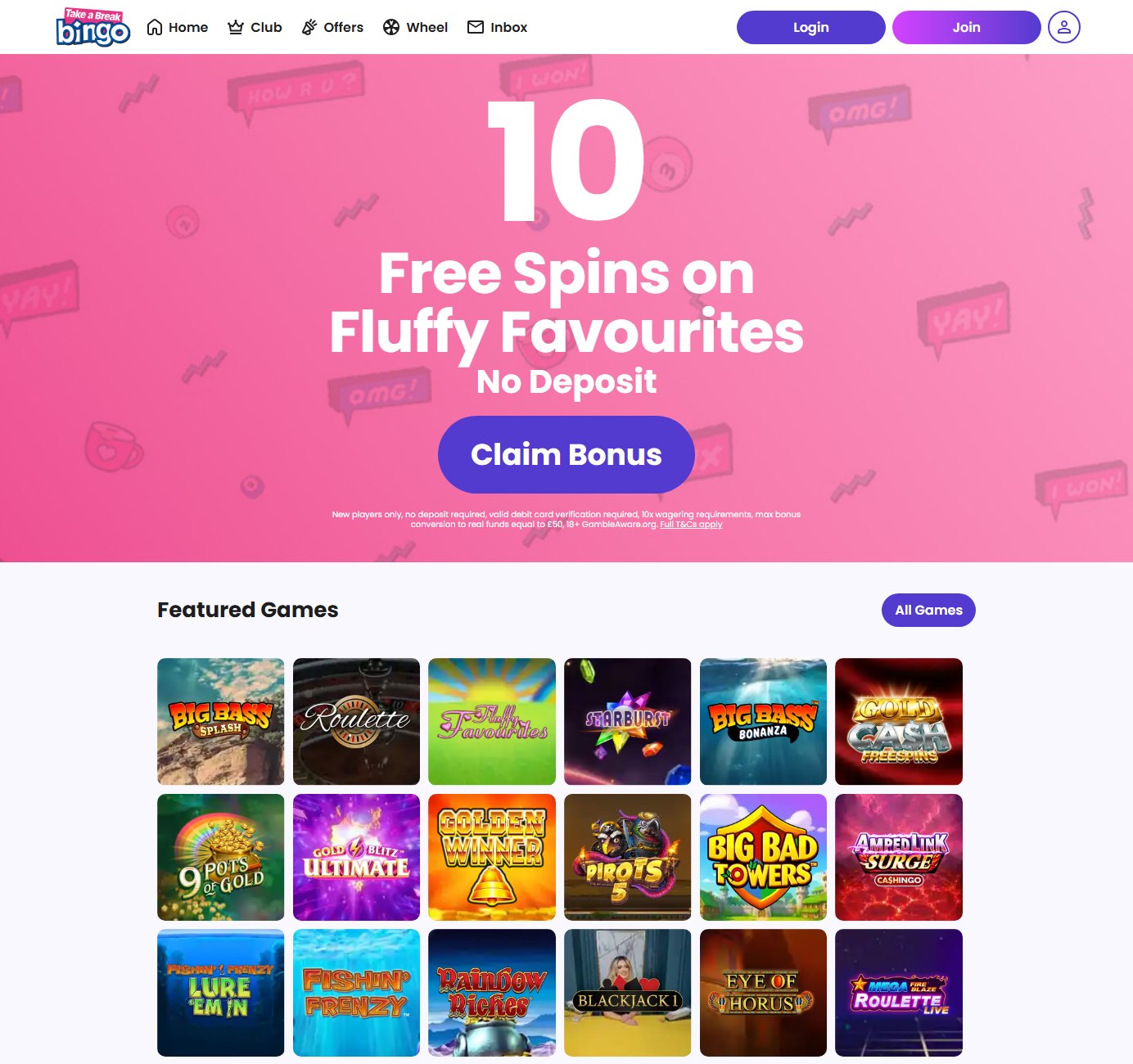 take a break bingo homepage with the pink speech bubble banner