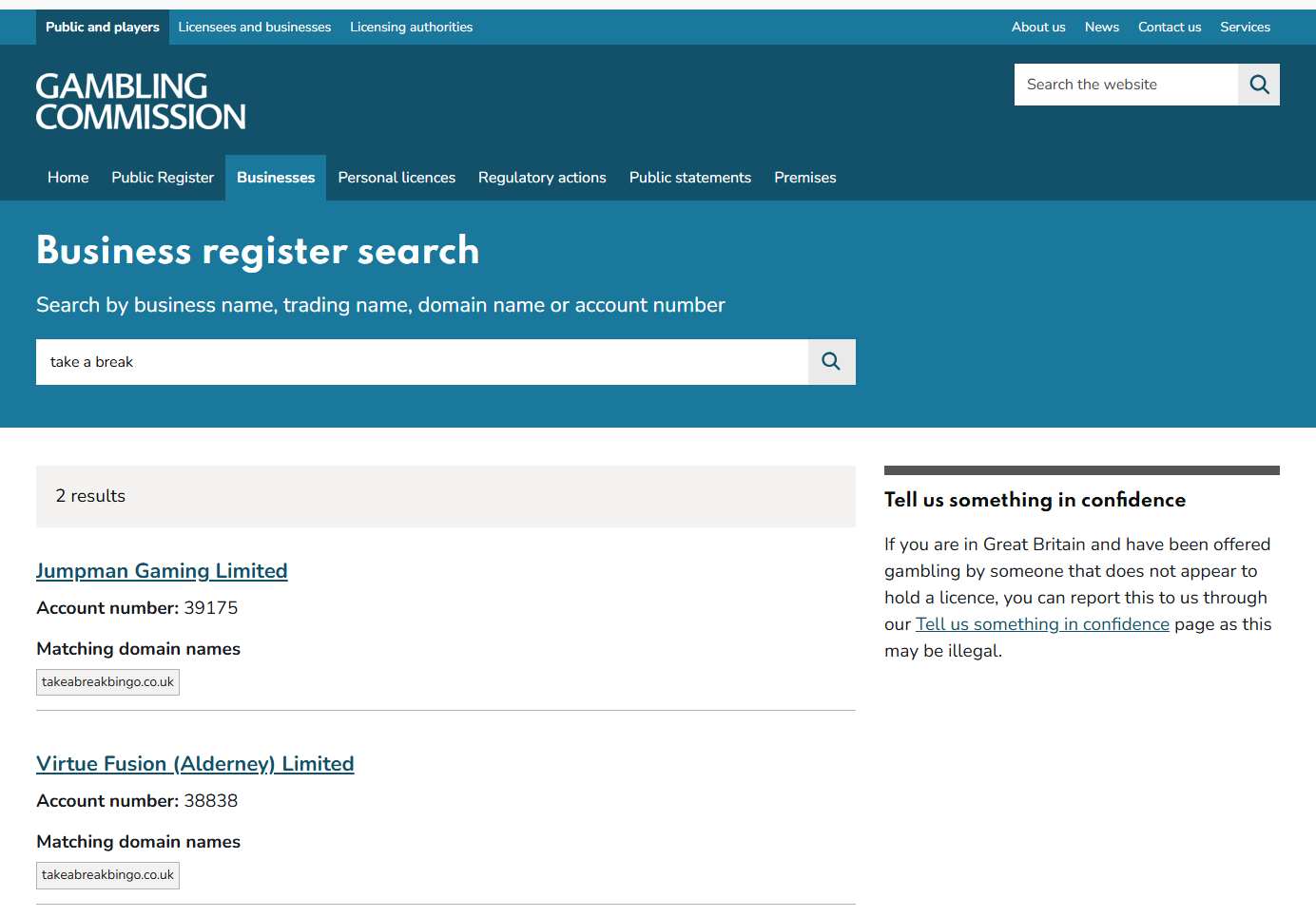 gambling commission register search showing take a break bingo under jumpman gaming and virtue fusion