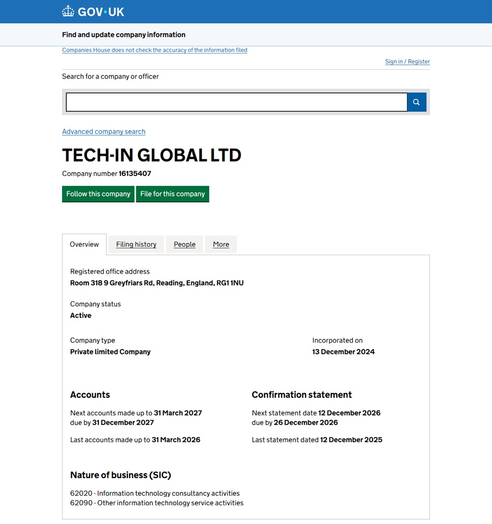companies house record for rollerbet operator tech-in global ltd in reading