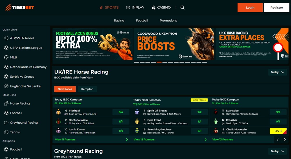 tigerbet homepage with live racing cards and app download panel