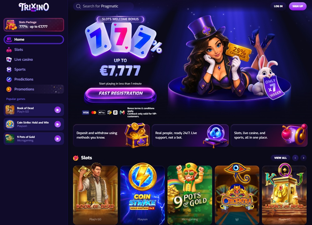trixino homepage with magician mascot and 777 percent welcome banner