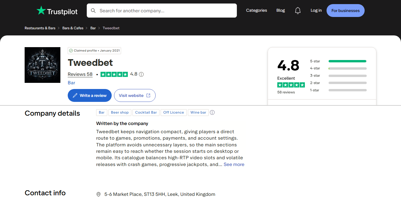 trustpilot profile named tweedbet with a craft beer bar's reviews
