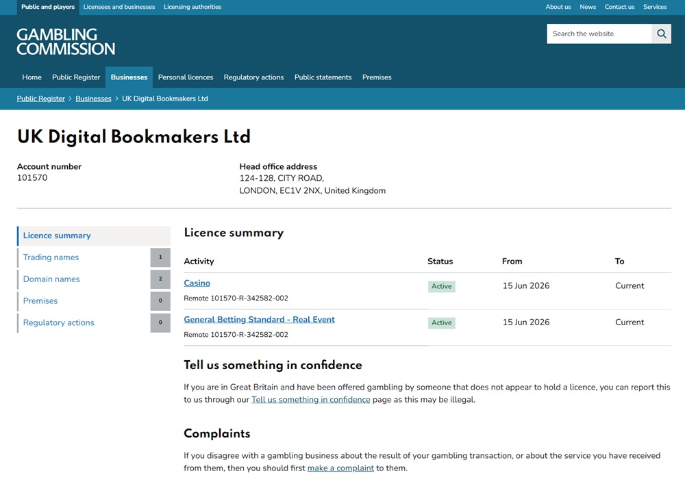 gambling commission register entry for uk digital bookmakers ltd account 101570