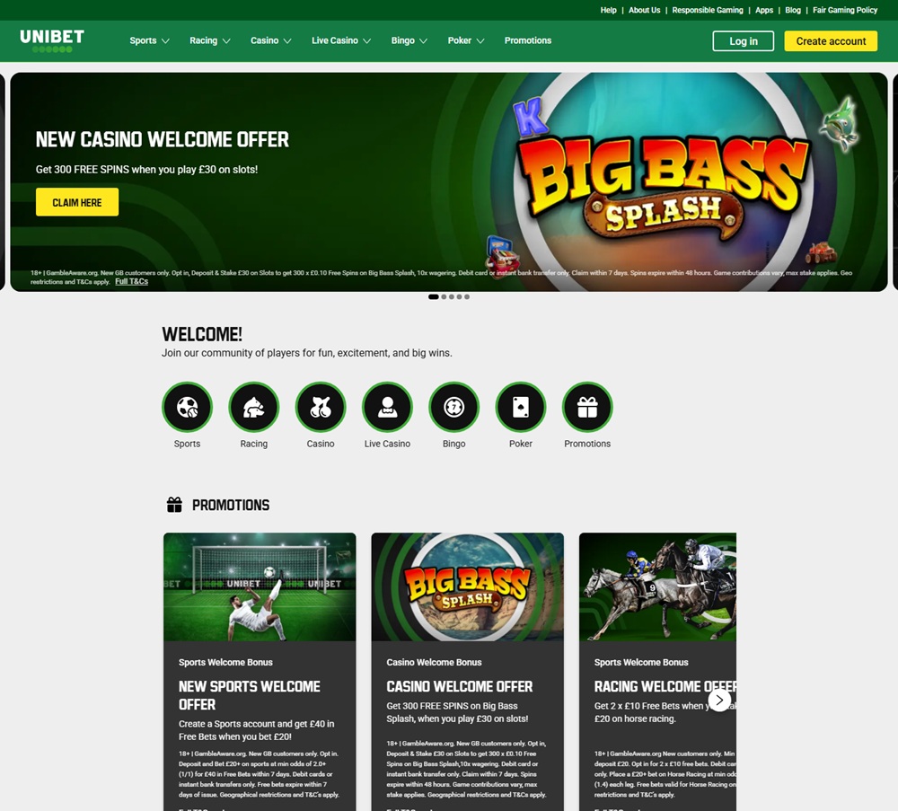 Unibet's UK homepage showing its three separate sign-up offers