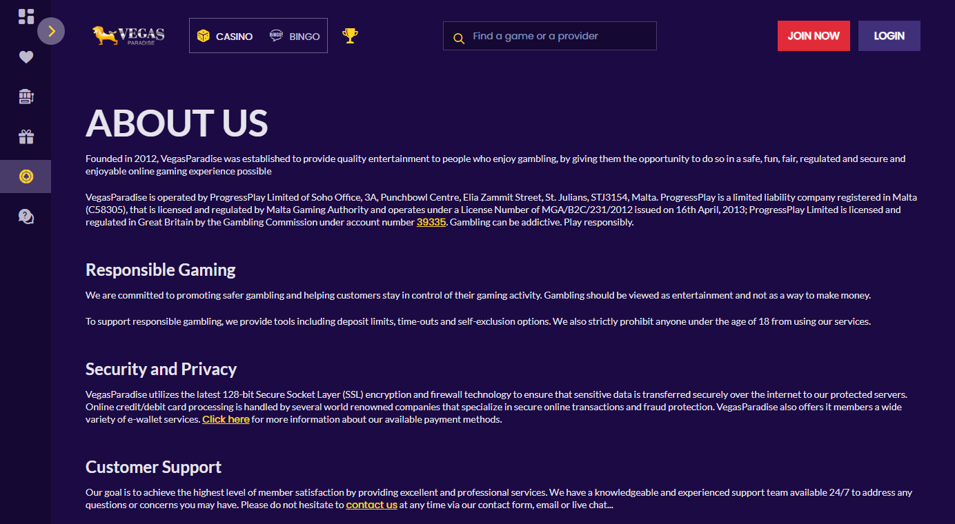 vegas paradise about us page with its founded in 2012 line