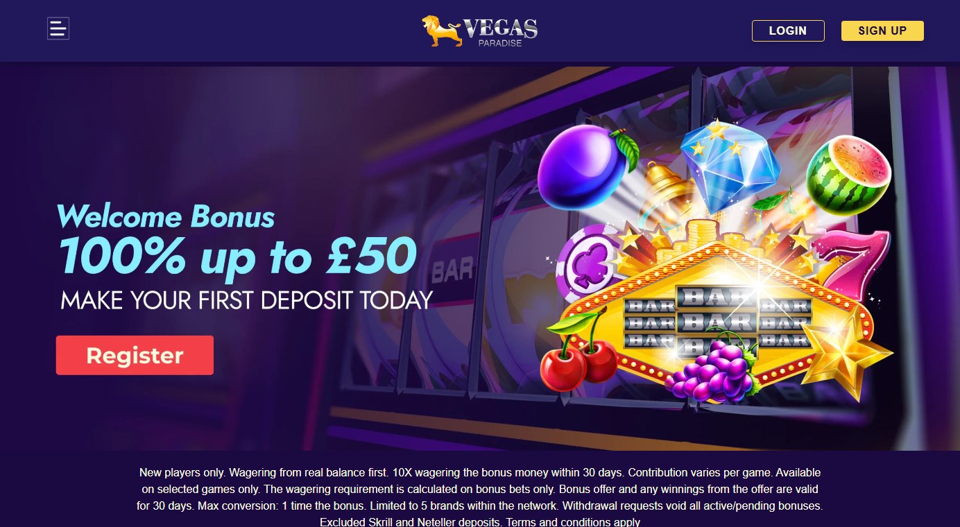 vegas paradise homepage with the gold lion logo and welcome bonus