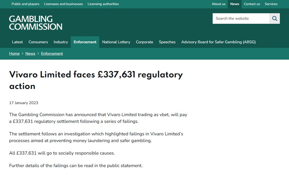 The Gambling Commission's announcement of Vivaro Limited's £337,631 settlement