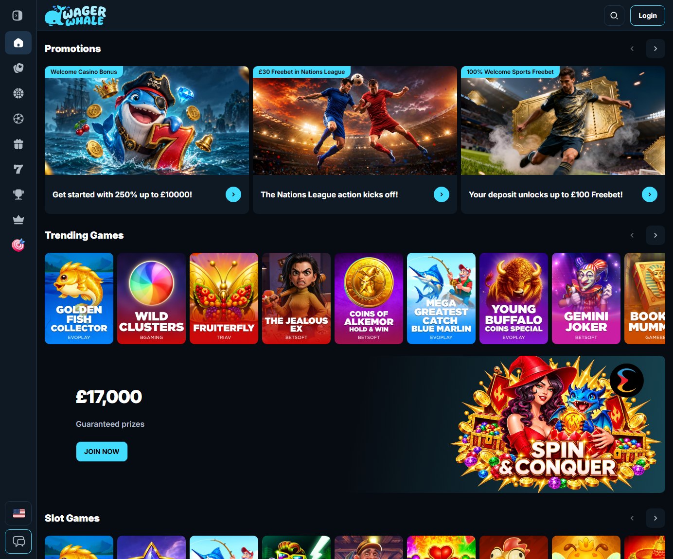 wager whale homepage with the pirate whale welcome banner