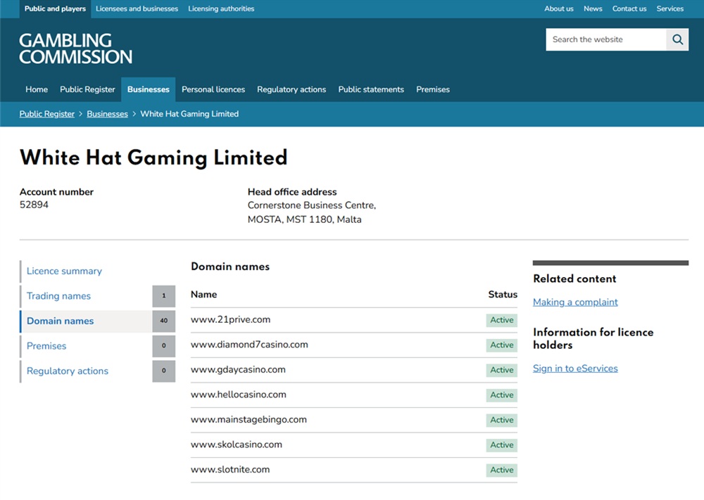 gambling commission domain list for white hat gaming showing slotplanet.com as a white label