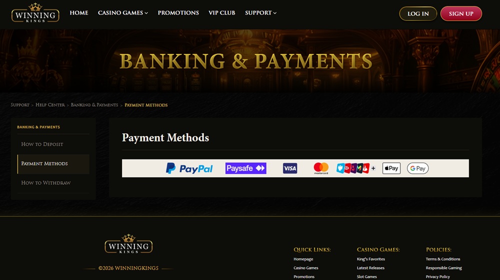 winning kings payment methods page showing payment logos with no published limits or timescales