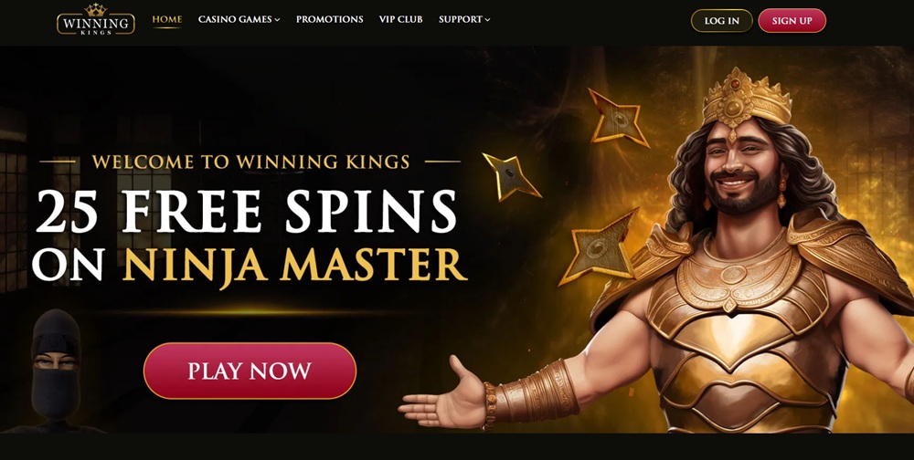 winning kings homepage showing the golden king welcoming a ninja beside the 25 free spins offer