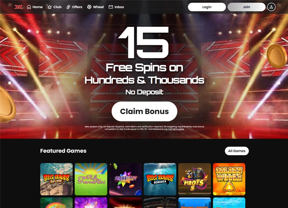 the x factor games homepage showing the stage themed banner and 15 free spins no deposit offer