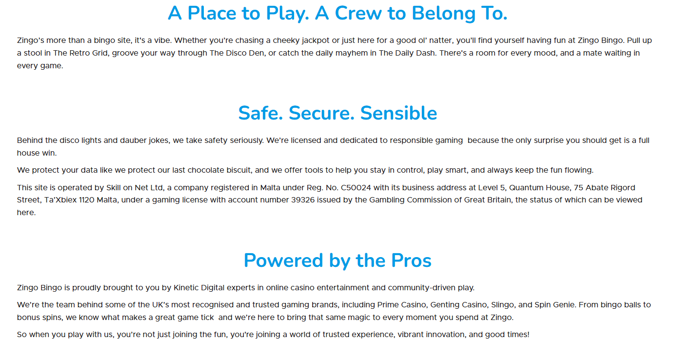 zingo bingo about page crediting kinetic digital and naming skill on net ltd as operator