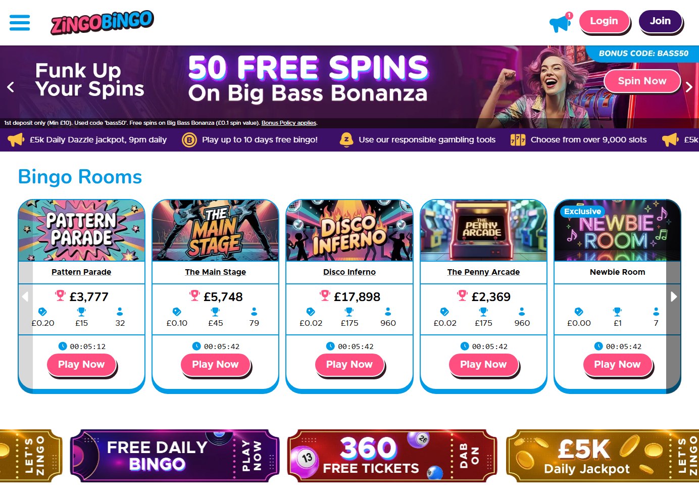 zingo bingo homepage with the bingo rooms lobby and 360 free tickets tile